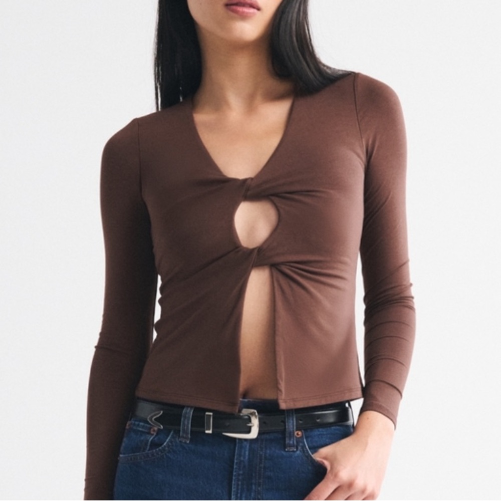 Abercrombie & Fitch Brown Long-Sleeve Twist Keyhole Top